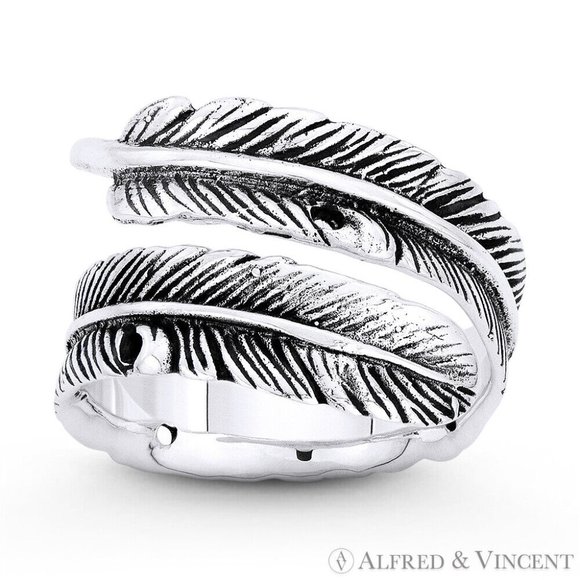 Rustic-Finish Eagle's Feather Charm Bypass Ring in .925 Sterling Silver -Size 10 - Picture 1 of 1